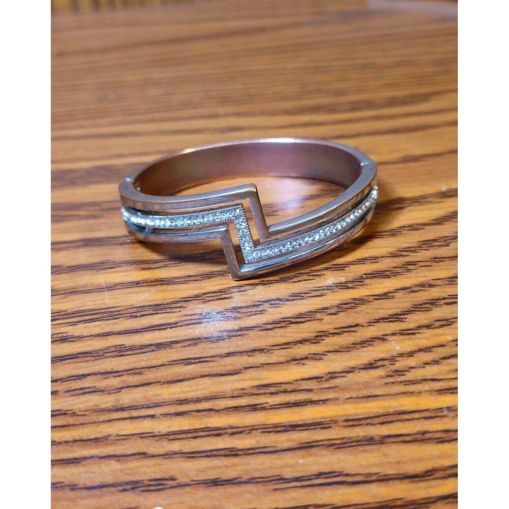 Vintage Zigzag Hinged Cuff Bracelet With Rhinestone Accents Adjustable Fit